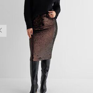 EXPRESS High Waisted Sequin Midi Pencil Skirt XS Bronze NWT